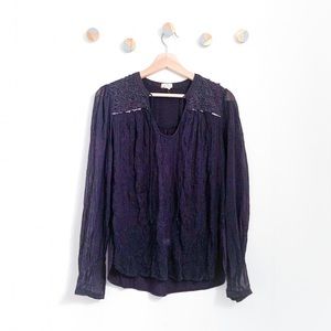 Anthropologie Tiny Paix Embroidered Blouse Boho Navy Blue